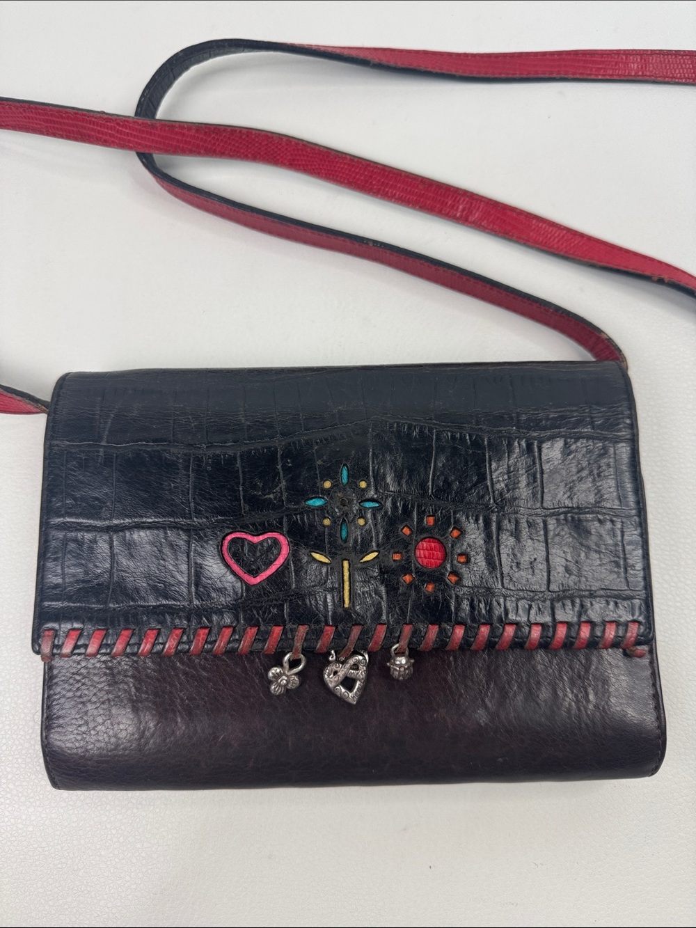Vintage Brighton Leather Black Crossbody Bag wallet clutch Decorative Charms